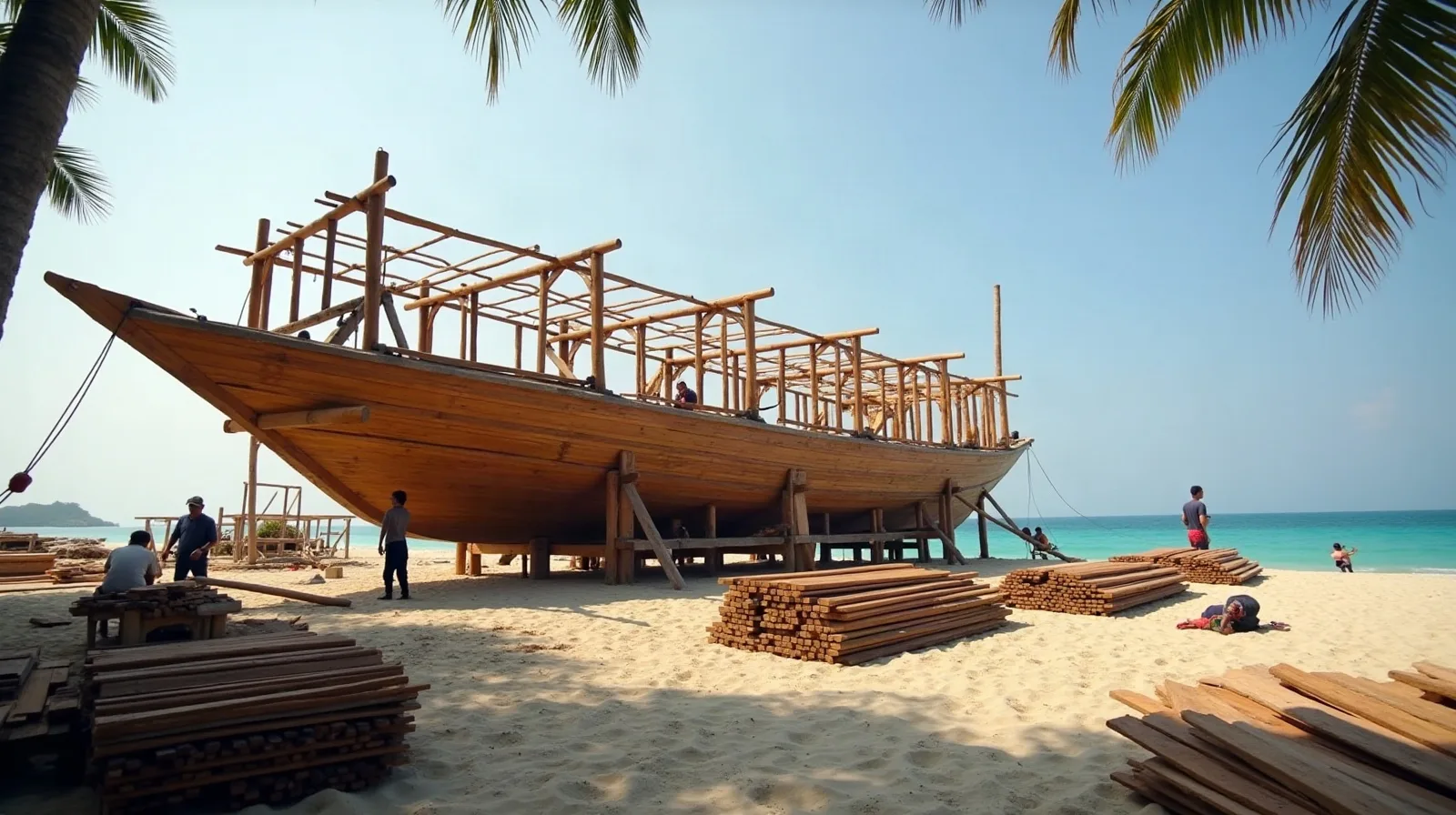 AI-generated illustration: wooden phinisi hull under construction on the Tana Beru beach, South Sulawesi