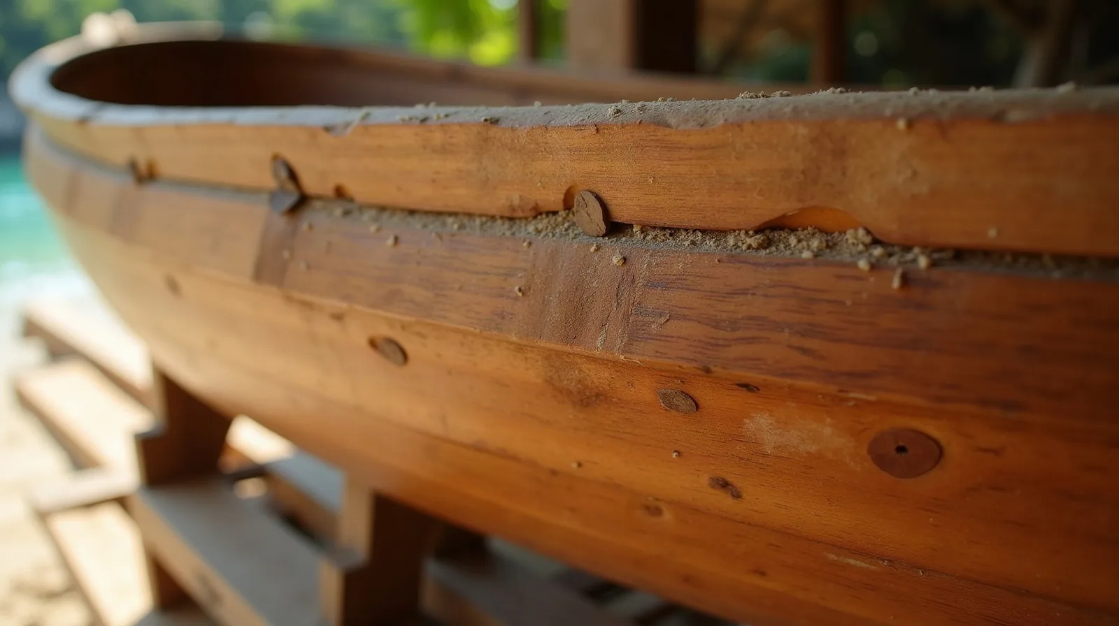 Hand-shaped hardwood planking on an unfinished phinisi shell, joined edge to edge with wooden dowels. Illustrative image, AI-generated.