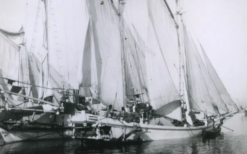 Historic photograph of sailing craft in a harbour at Makassar, South Sulawesi