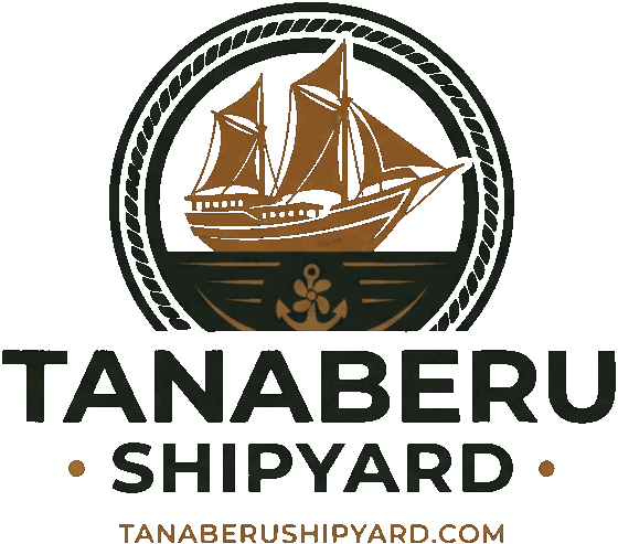 Tana Beru Shipyard logo: phinisi emblem above the wordmark Tanaberu Shipyard